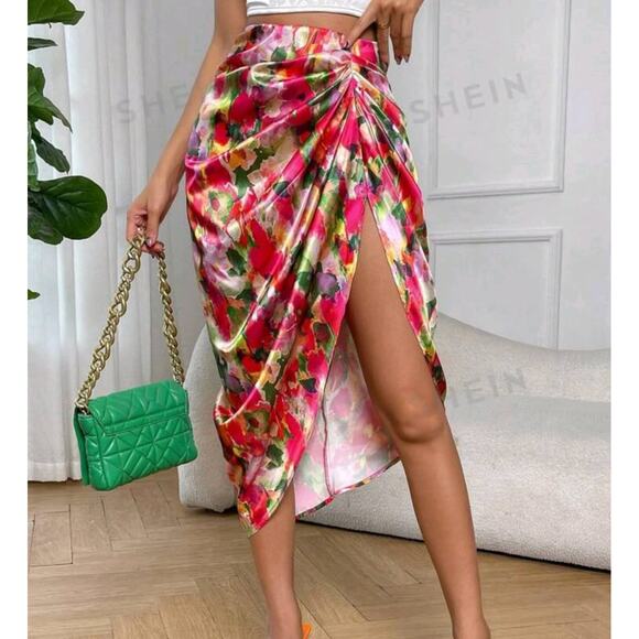 Shein Multicolor Vibrant Tropical Floral Long Skirt Rouched Sides Large - Picture 1 of 5
